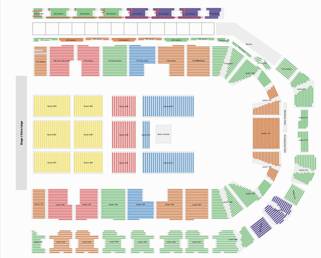 Large theatre seating chart demo with multiple sections and hundreds of seats