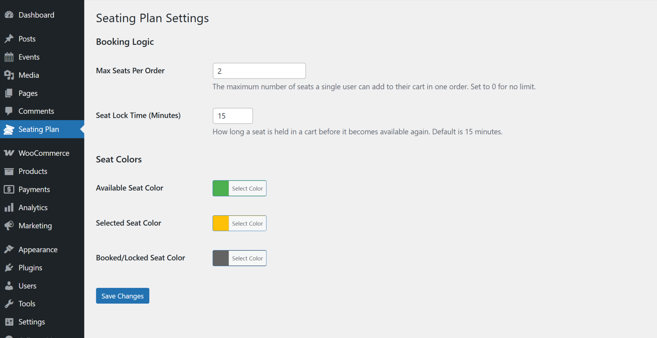 Admin settings of the Live Event WordPress seating chart plugin