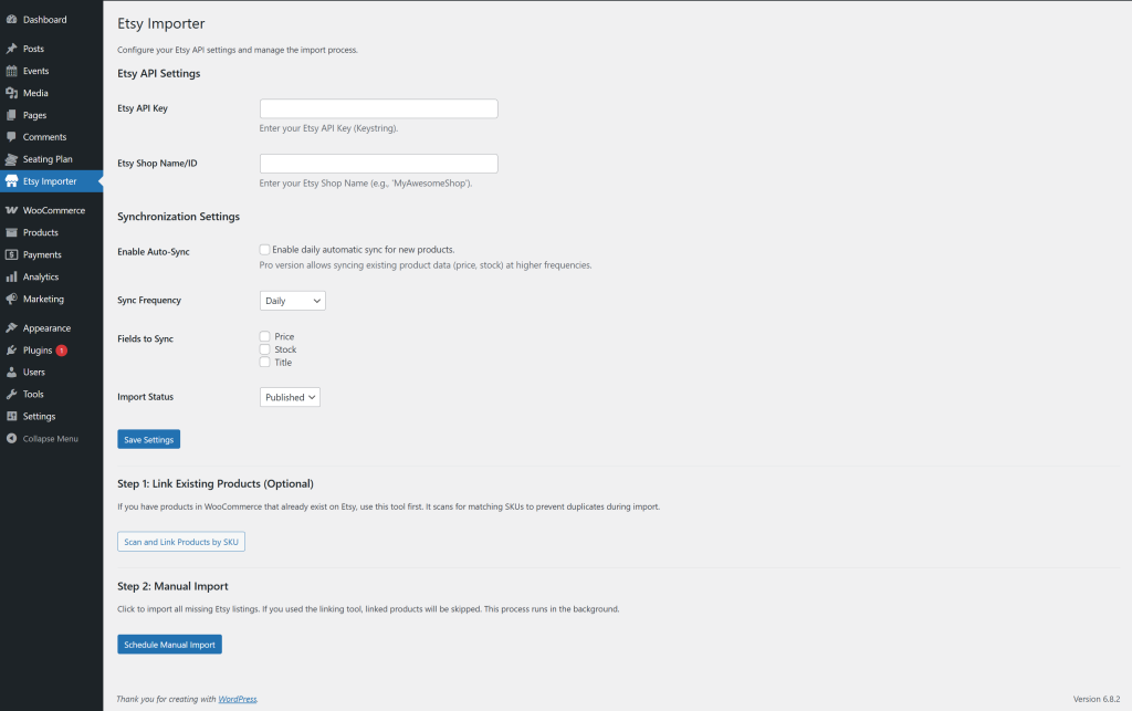 Admin screen of the plugin used to import Etsy to WooCommerce.