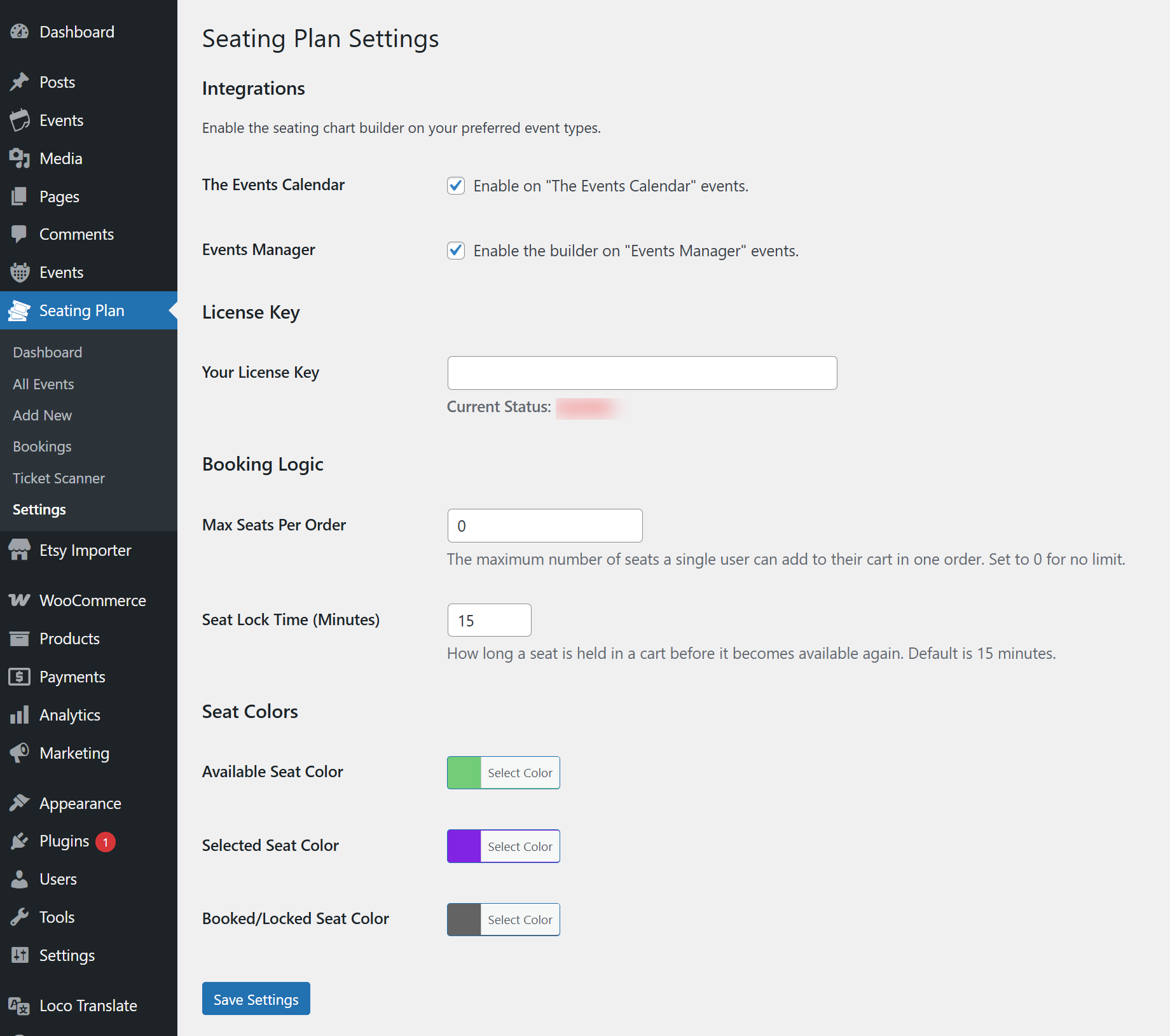 Admin settings of the Live Event WordPress seating chart plugin