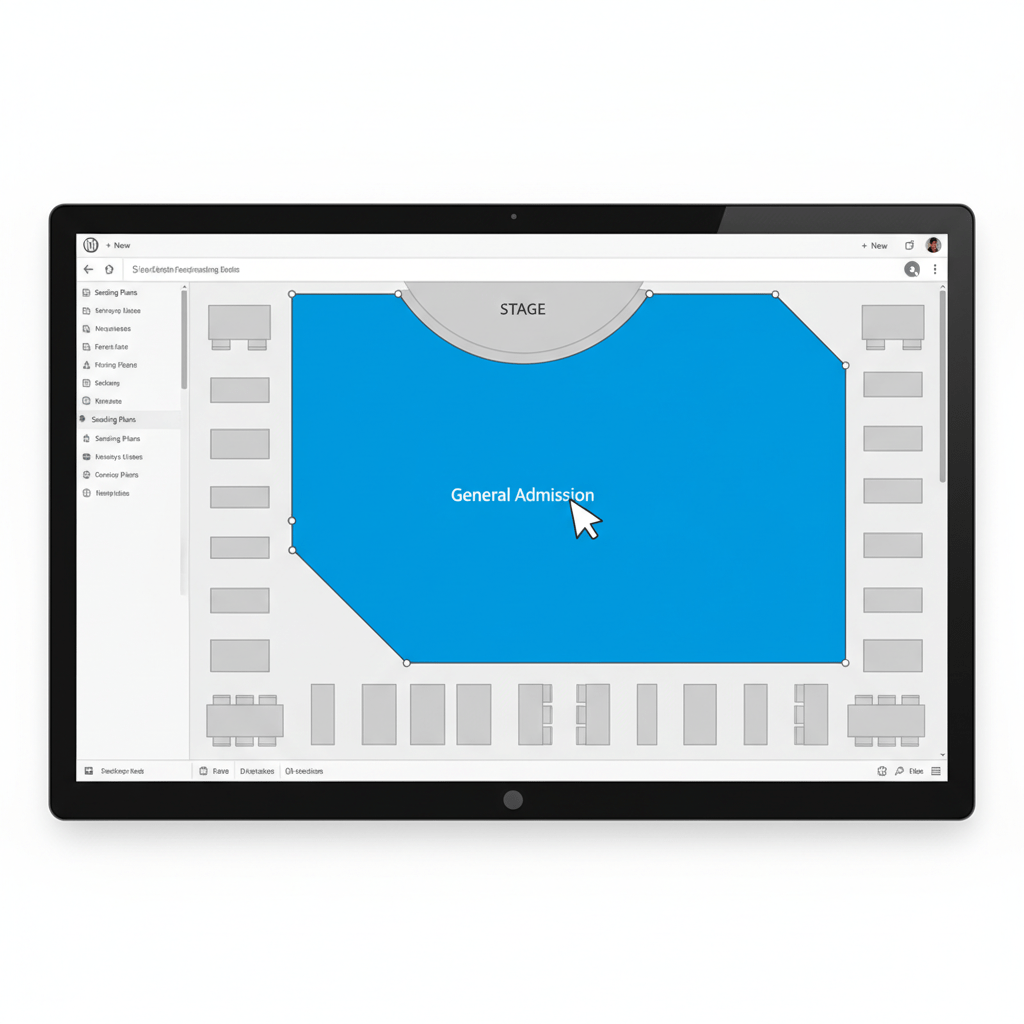 A user cursor adjusting the control points of a custom polygon zone on a digital seating chart.