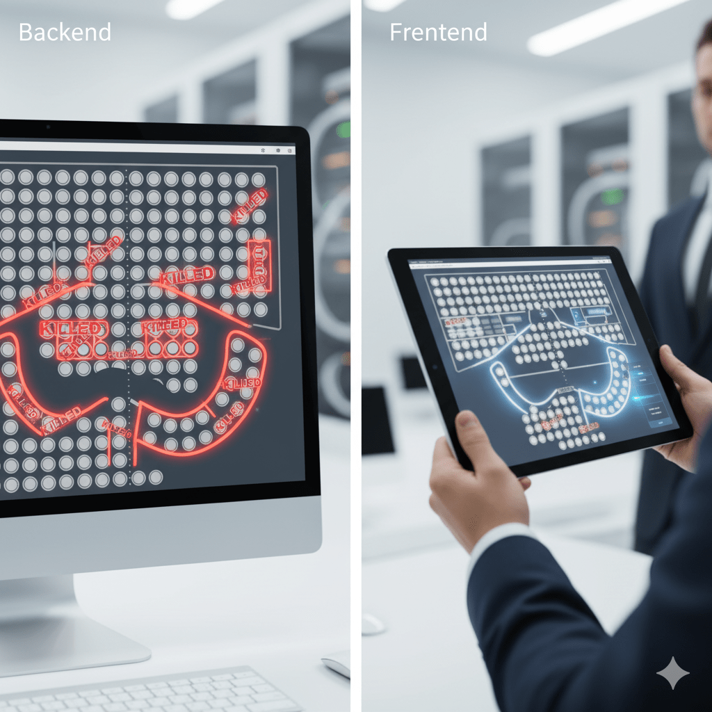 Backend builder showing kill seats feature versus frontend view with invisible seats.