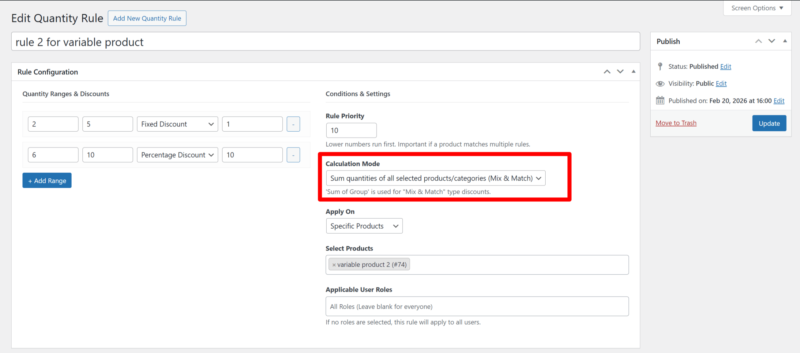 WooCommerce Mix and Match admin rule settings