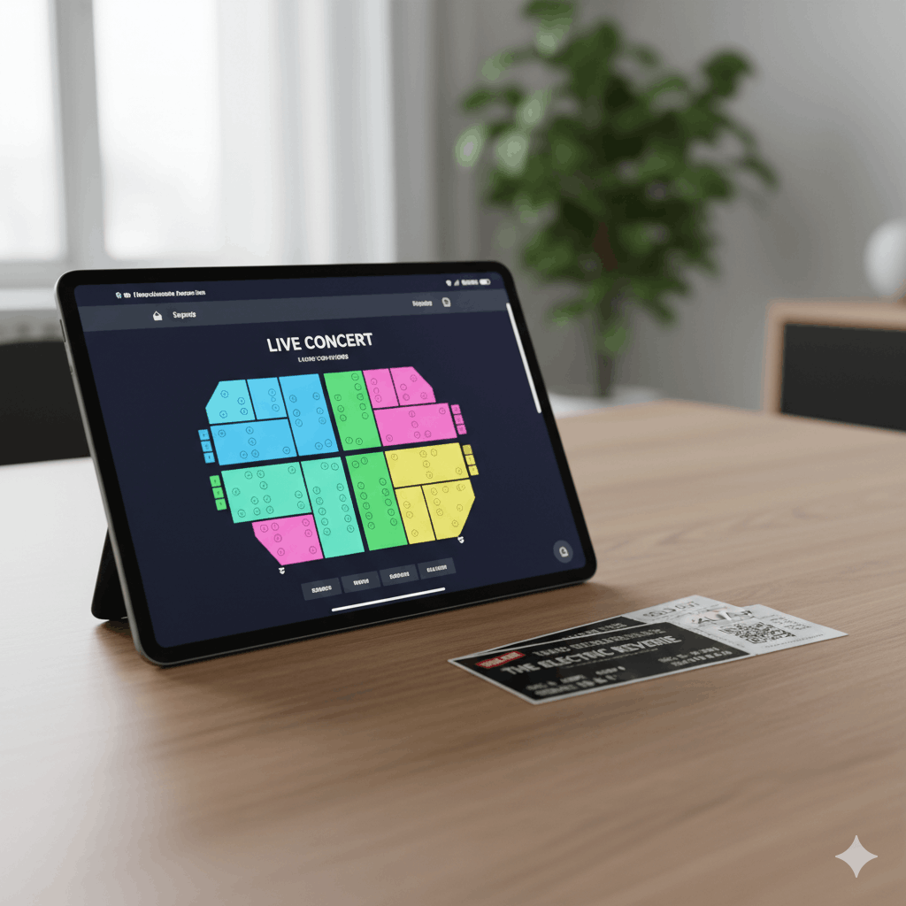 A tablet showing top solutions for event ticketing with seat selection easily.