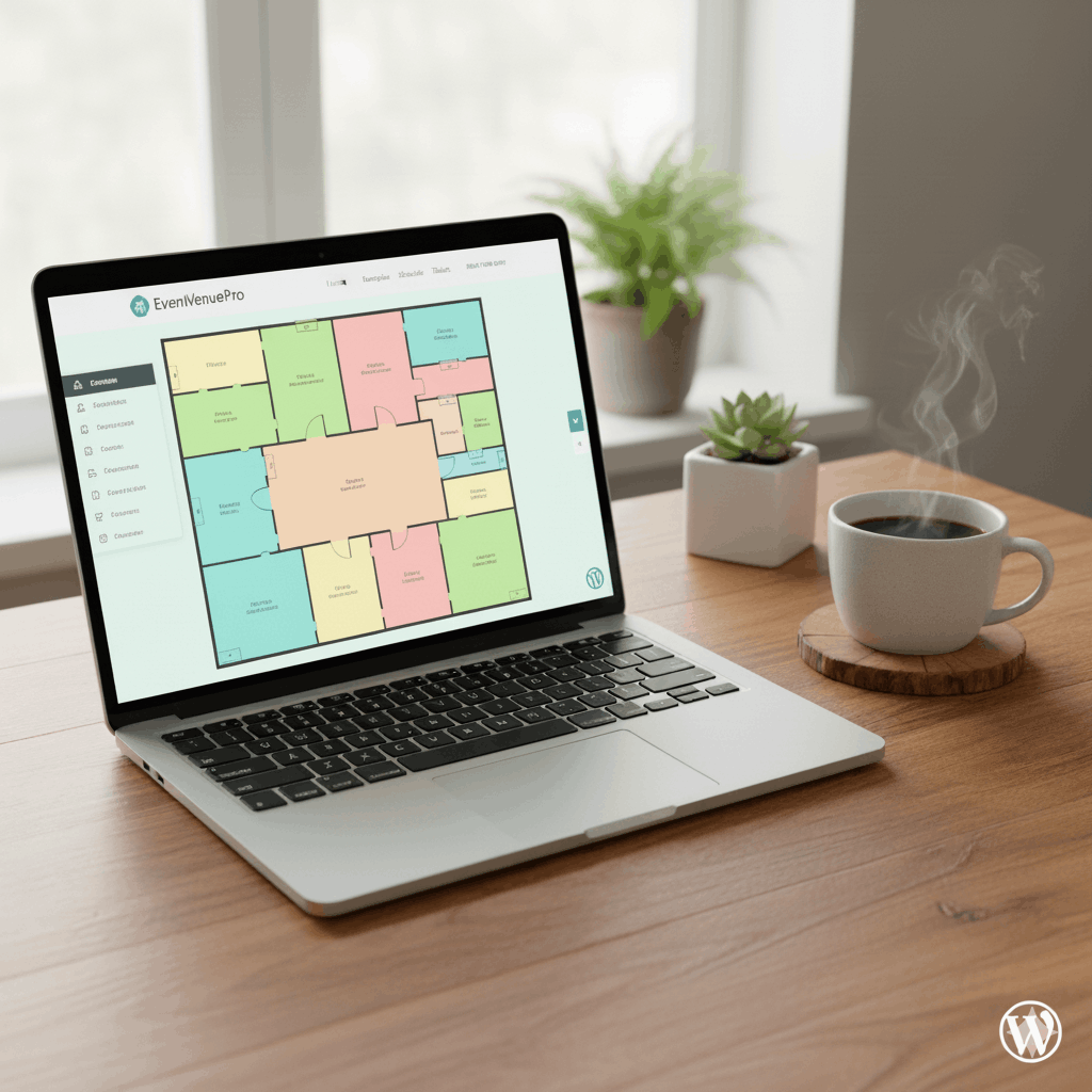 A laptop showing how to add a seating chart to a WordPress event page easily.