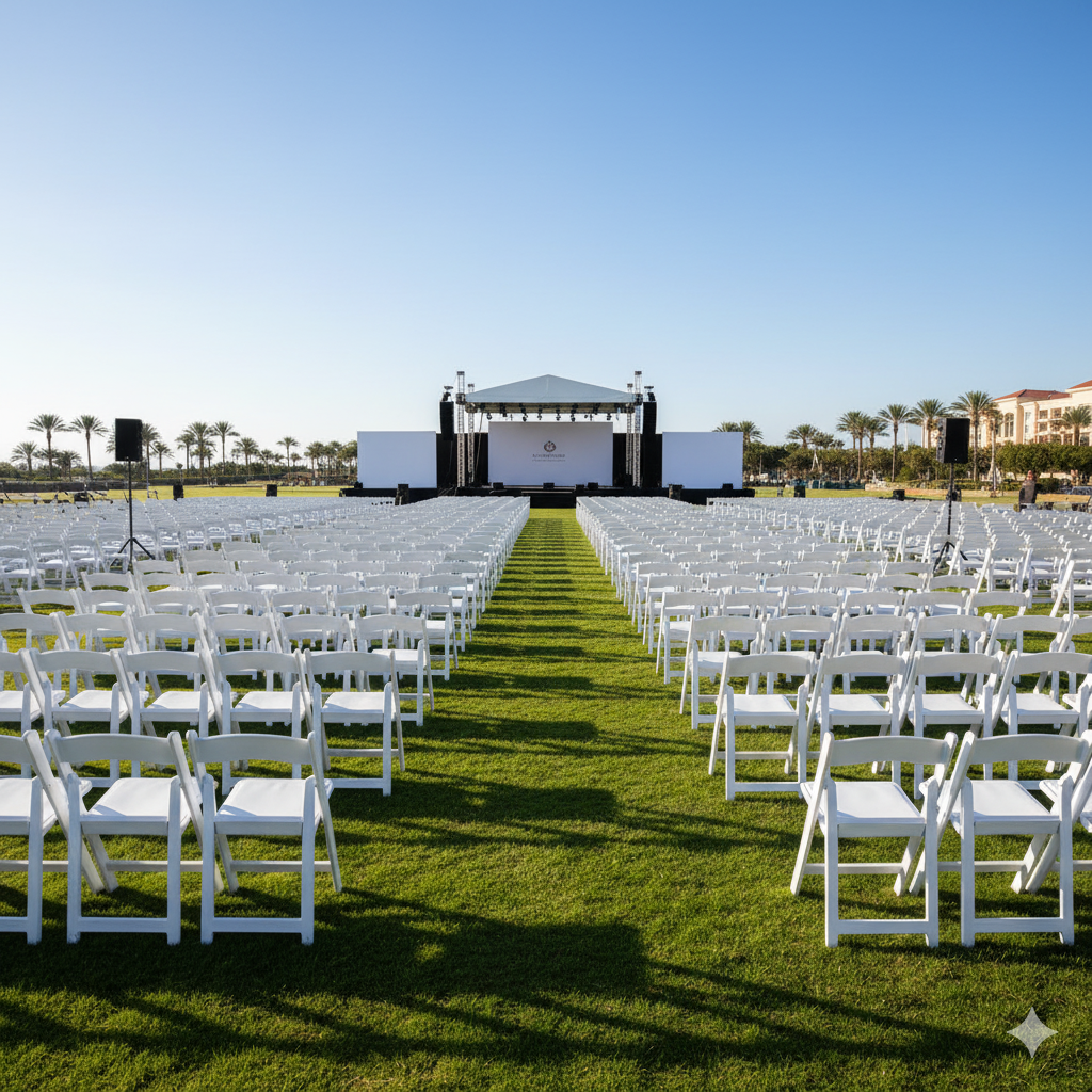 Rows of white chairs for affordable event seating rentals for large gatherings.