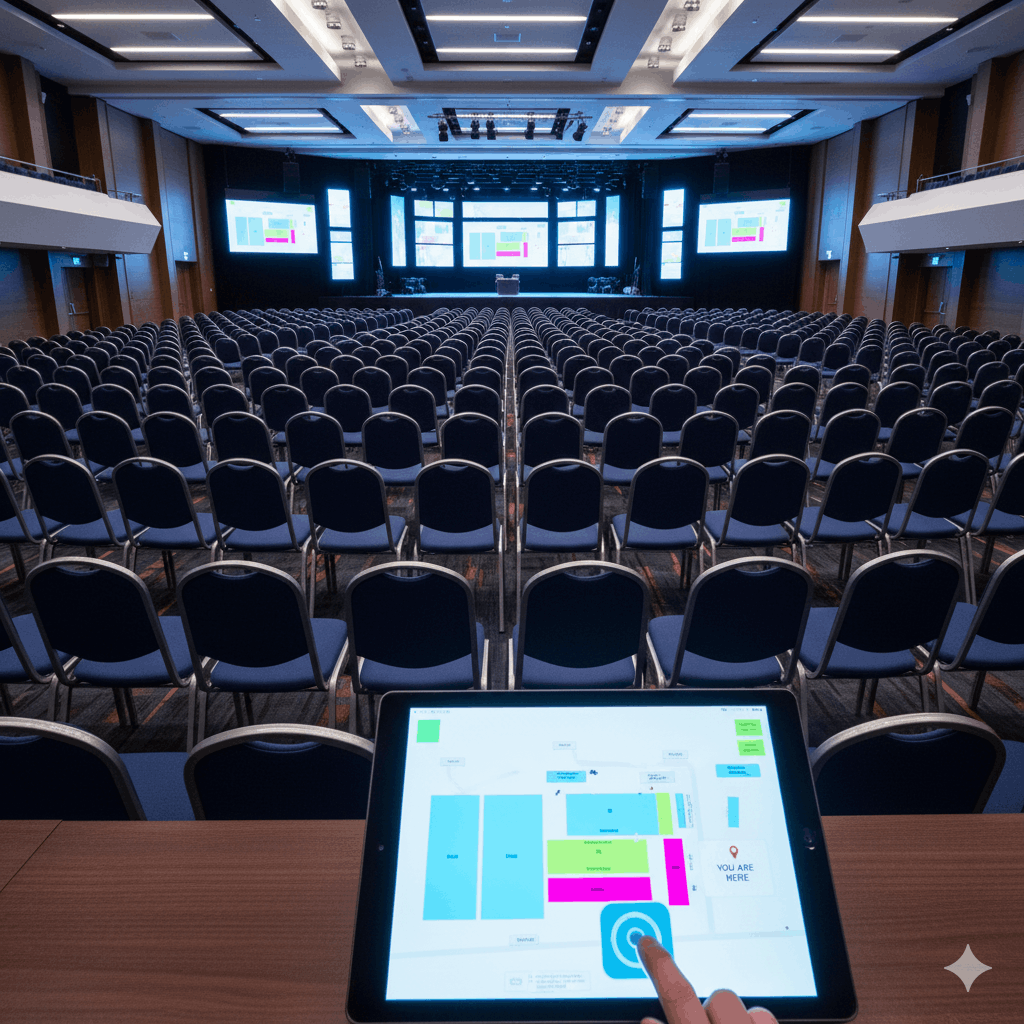 A digital tablet showing top-rated event seating solutions in a modern venue.