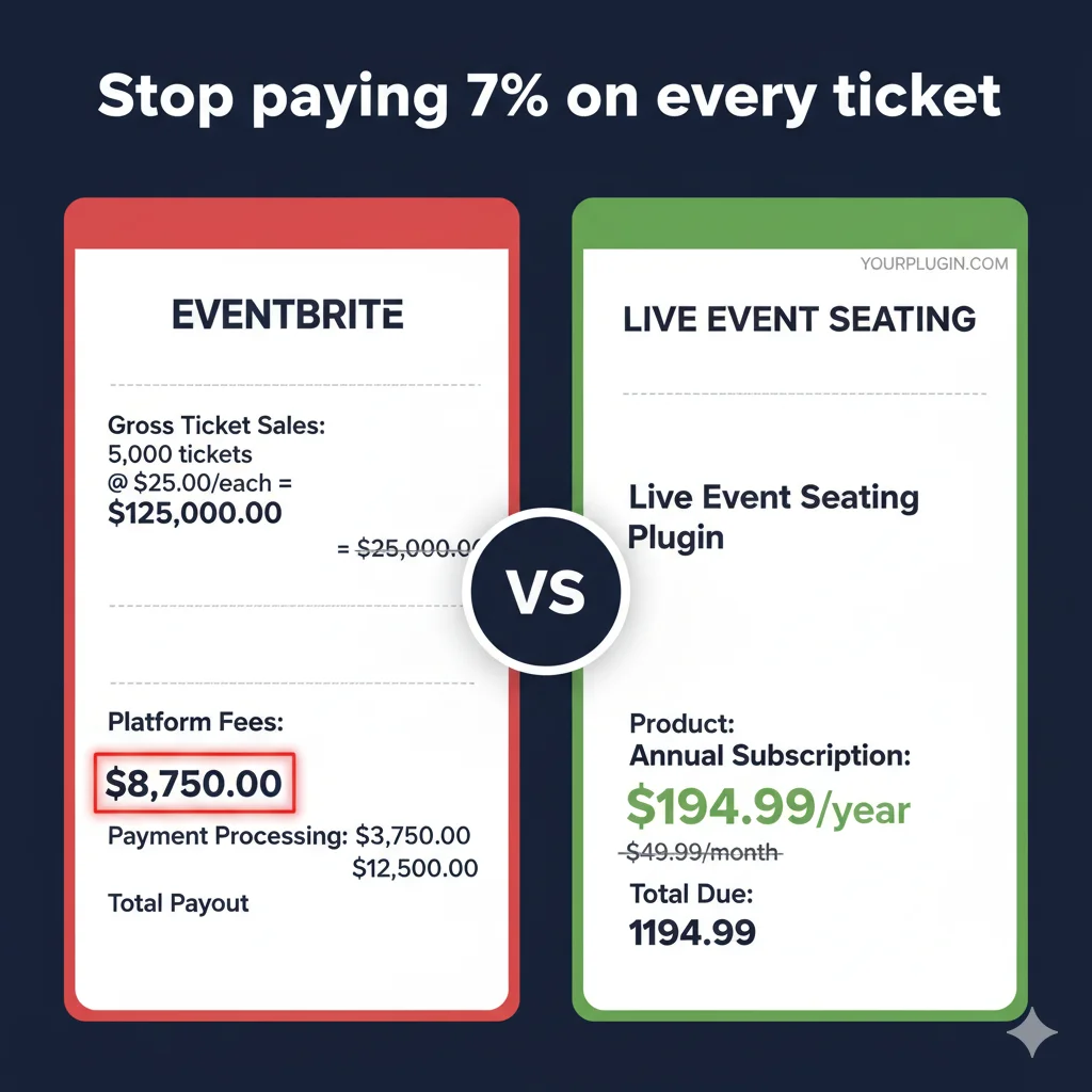 Eventbrite alternative for venues — fee comparison showing $8,750 vs $49.99/year