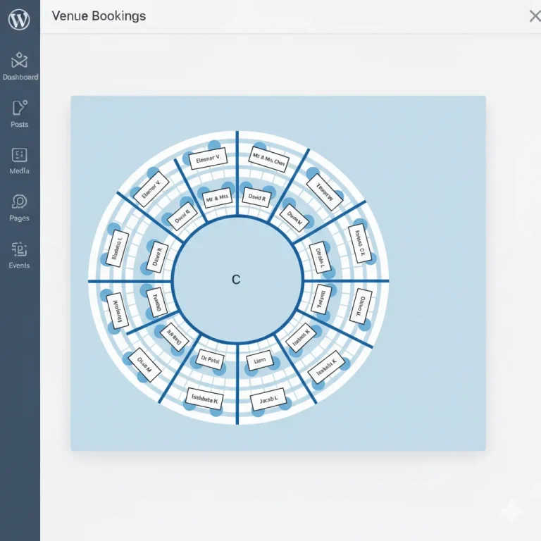WordPress event seating chart plugin showing guest name assignment on individual seats in the admin venue builder