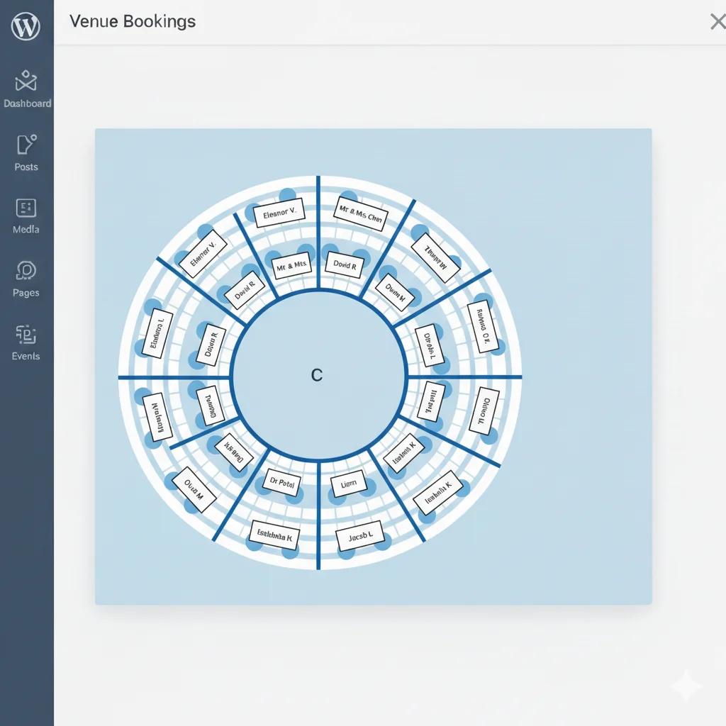 WordPress event seating chart plugin showing guest name assignment on individual seats in the admin venue builder