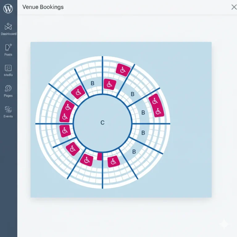 WordPress event seating chart showing wheelchair accessible seats marked with accessibility icons on an interactive venue map