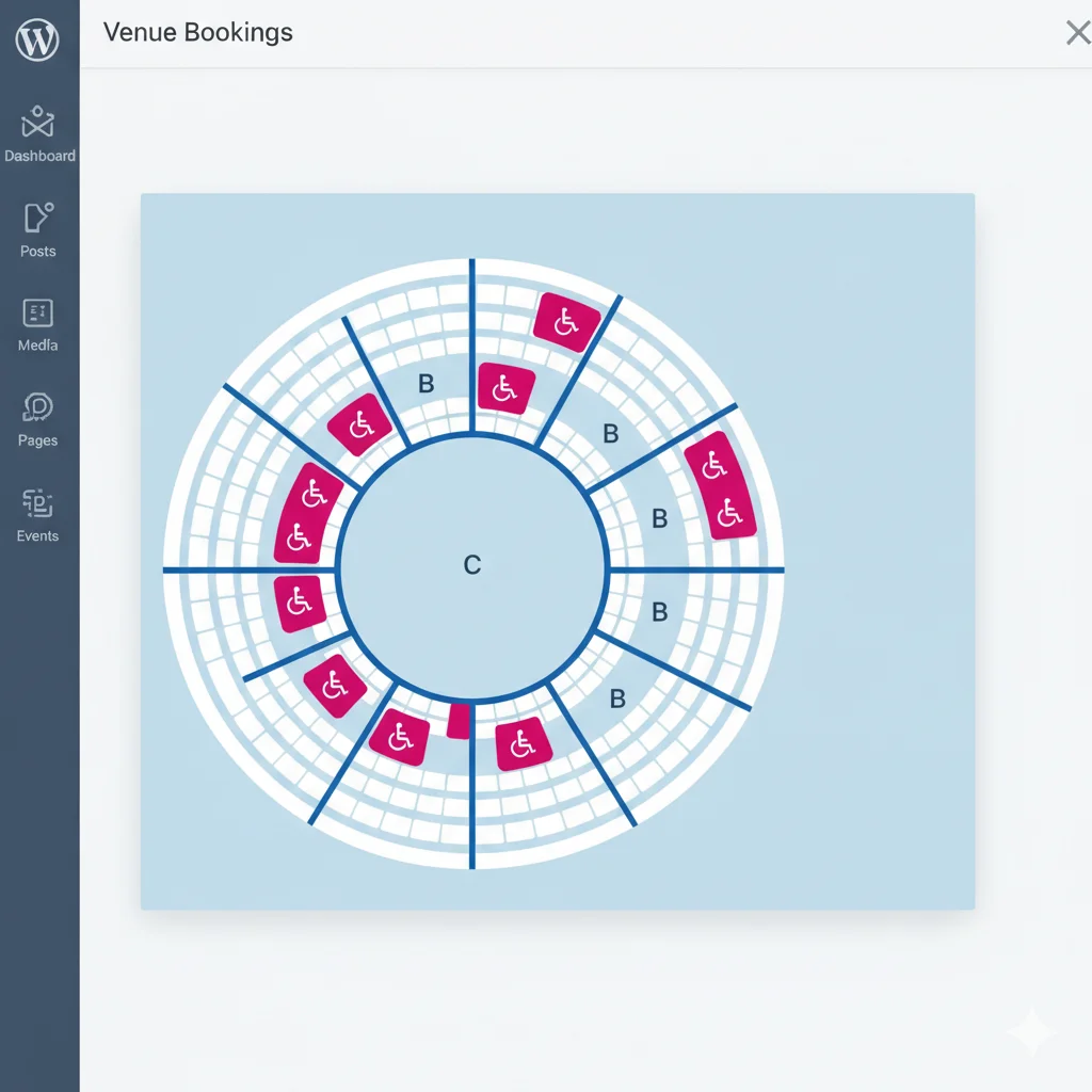 WordPress event seating chart showing wheelchair accessible seats marked with accessibility icons on an interactive venue map