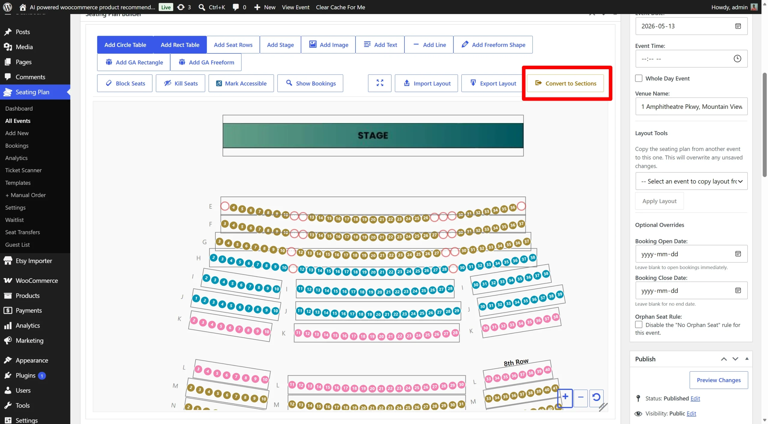 WordPress seating chart features layout changes