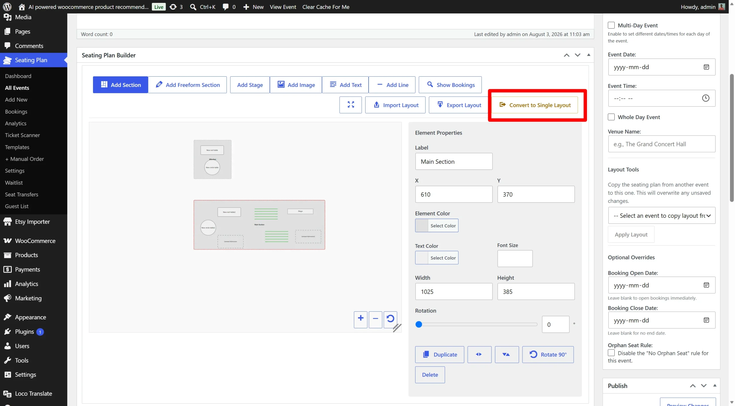 WordPress seating chart features layout changes