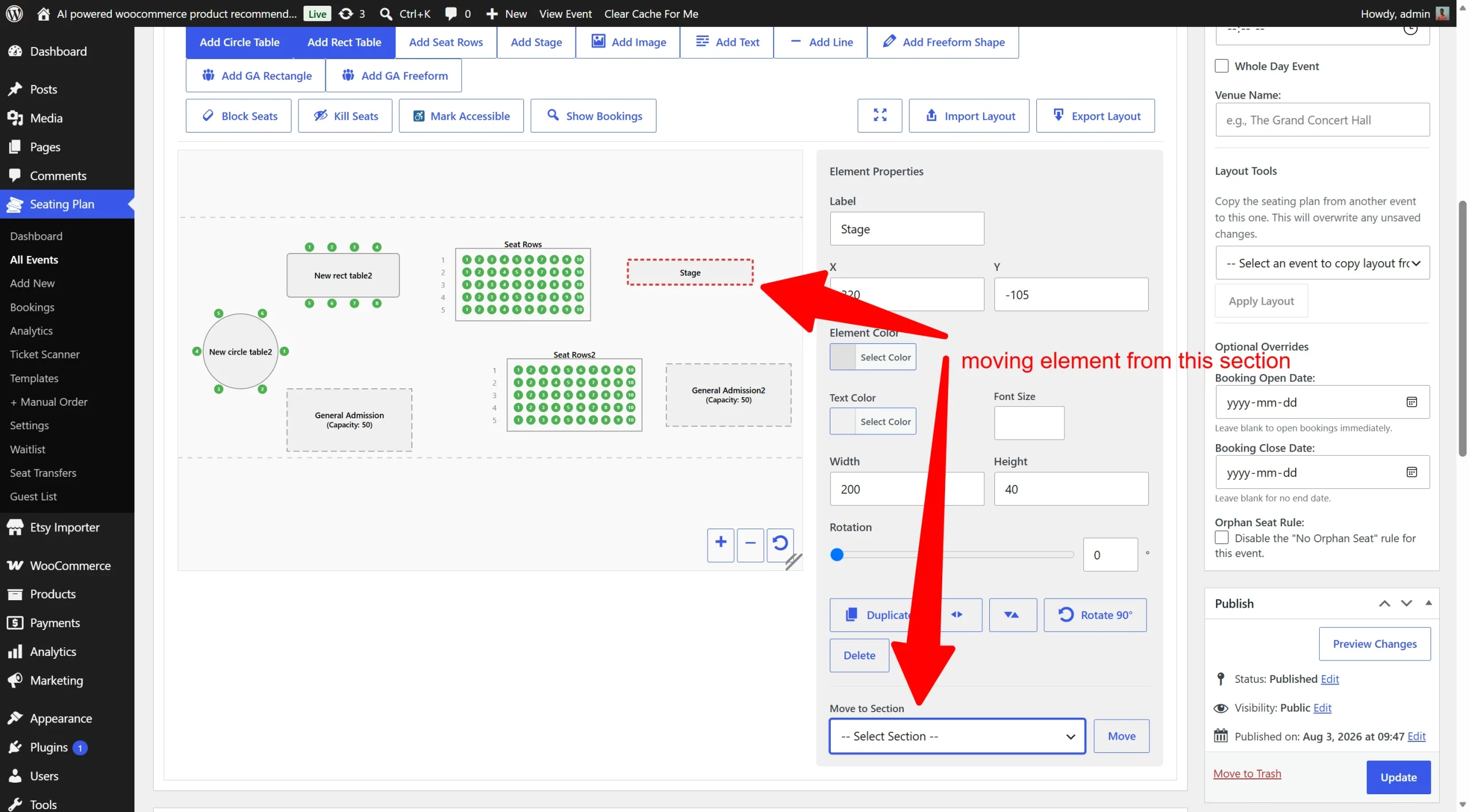 wordpress seating chart features moving elements between sections