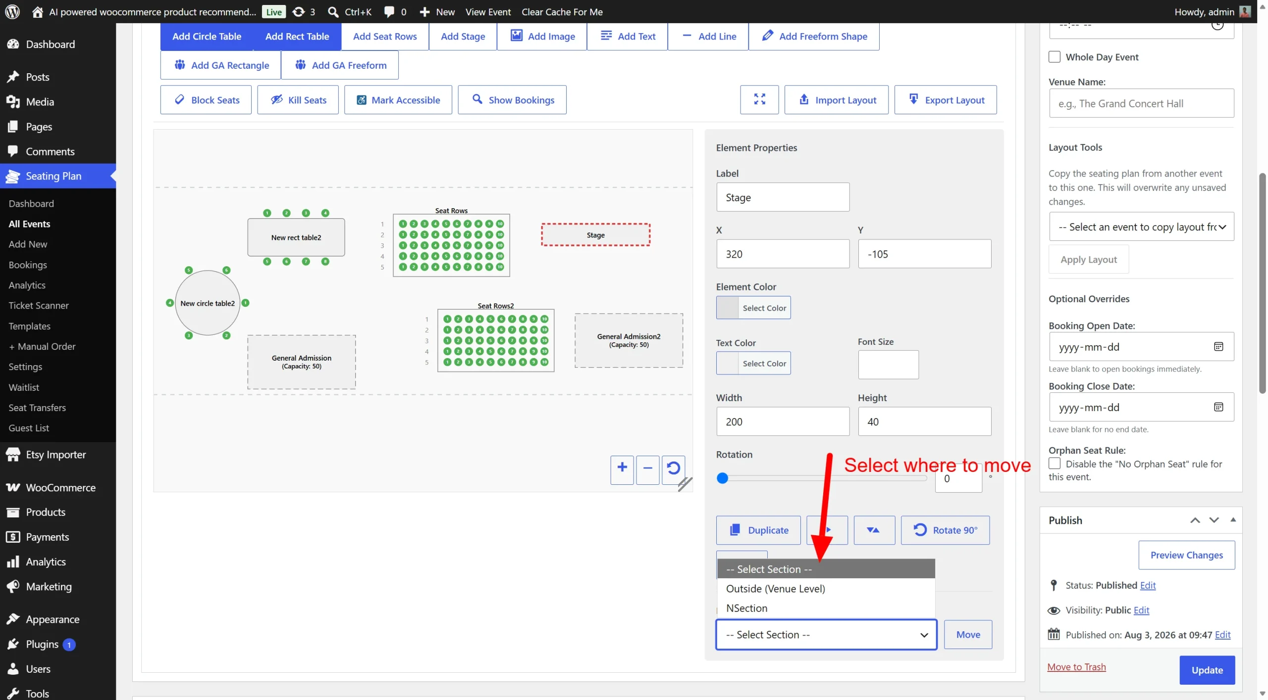 wordpress seating chart features moving elements between sections