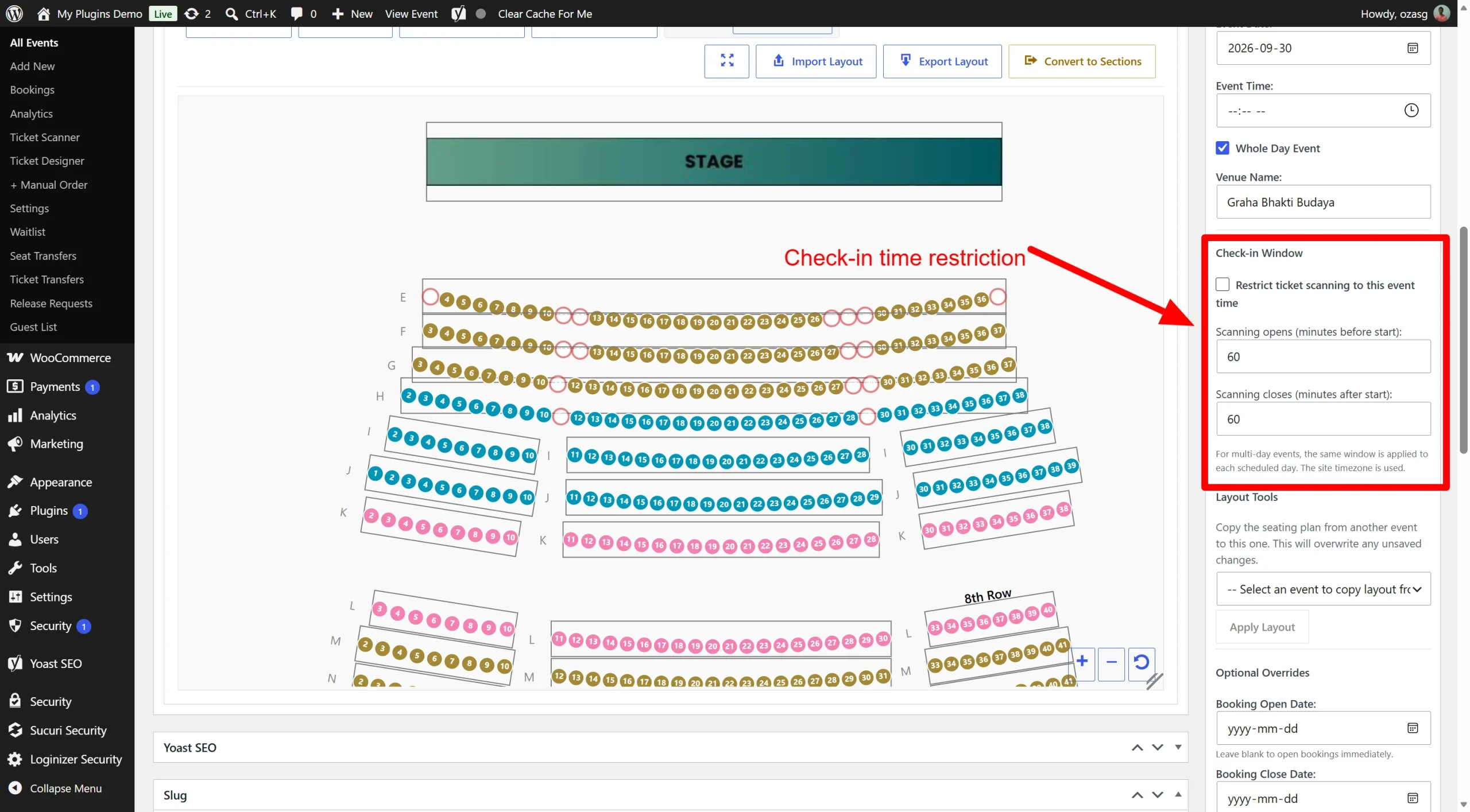 wordpress seating chart check-in window
