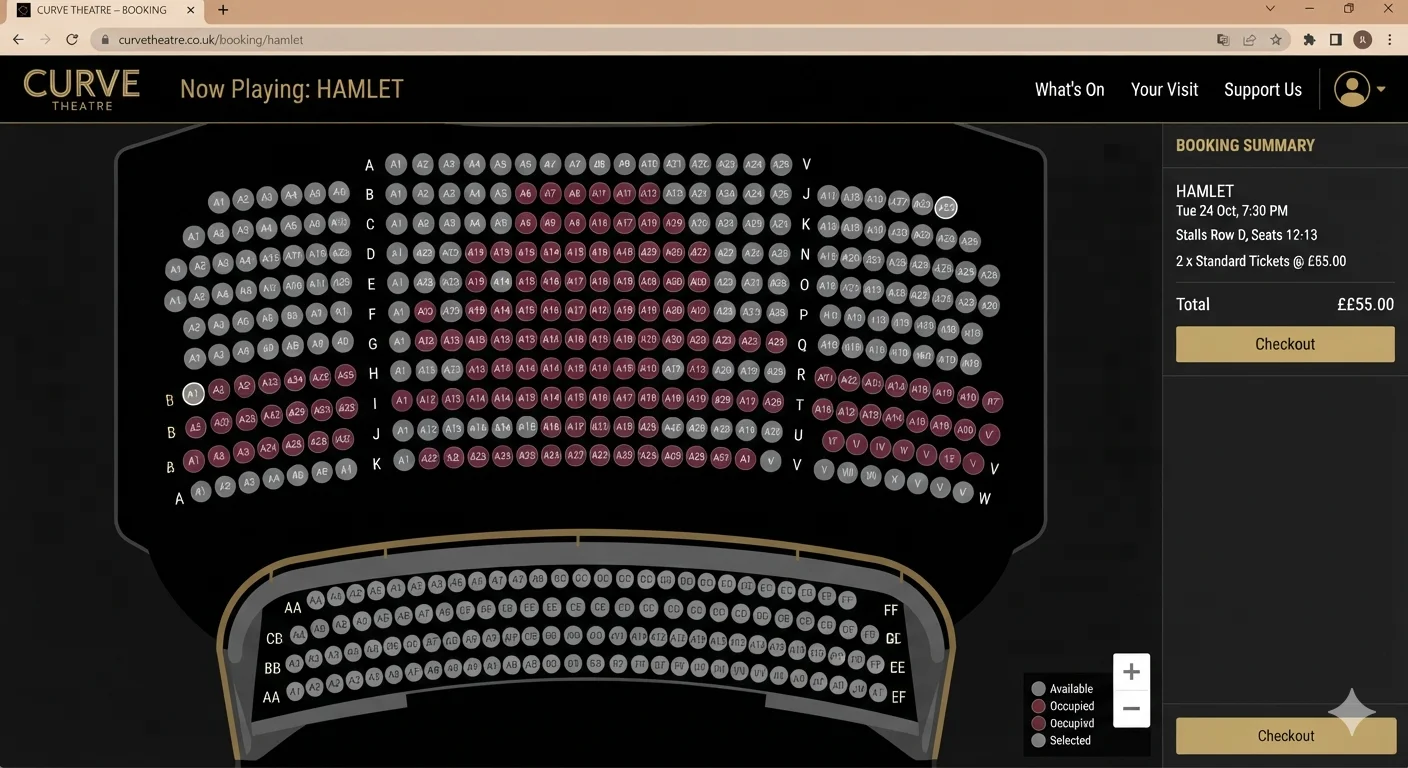 Theater seating chart plugin with curved rows.